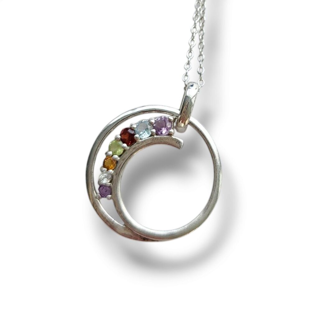 Delicate Multi Stone Pendant Necklace Sterling Silver 925 18"‎ Chain Dainty New